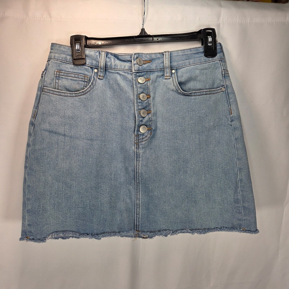 PACSUN Distressed Button Fly Denim Skirt Size 27 (5/7) Y2K Raw Edge Hem Festival